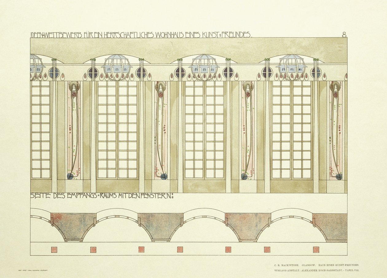 Vastaanotto- ja musiikkihuone, n. 1901 (värilitografia) tekijältä Charles Rennie (after) Mackintosh