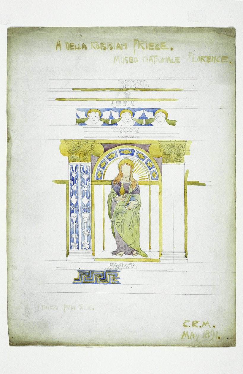 Della Robbian [sic] friisi, Museo Nationale, Firenze, 1891 (lyijykynä ja vesiväri paperille). tekijältä Charles Rennie Mackintosh