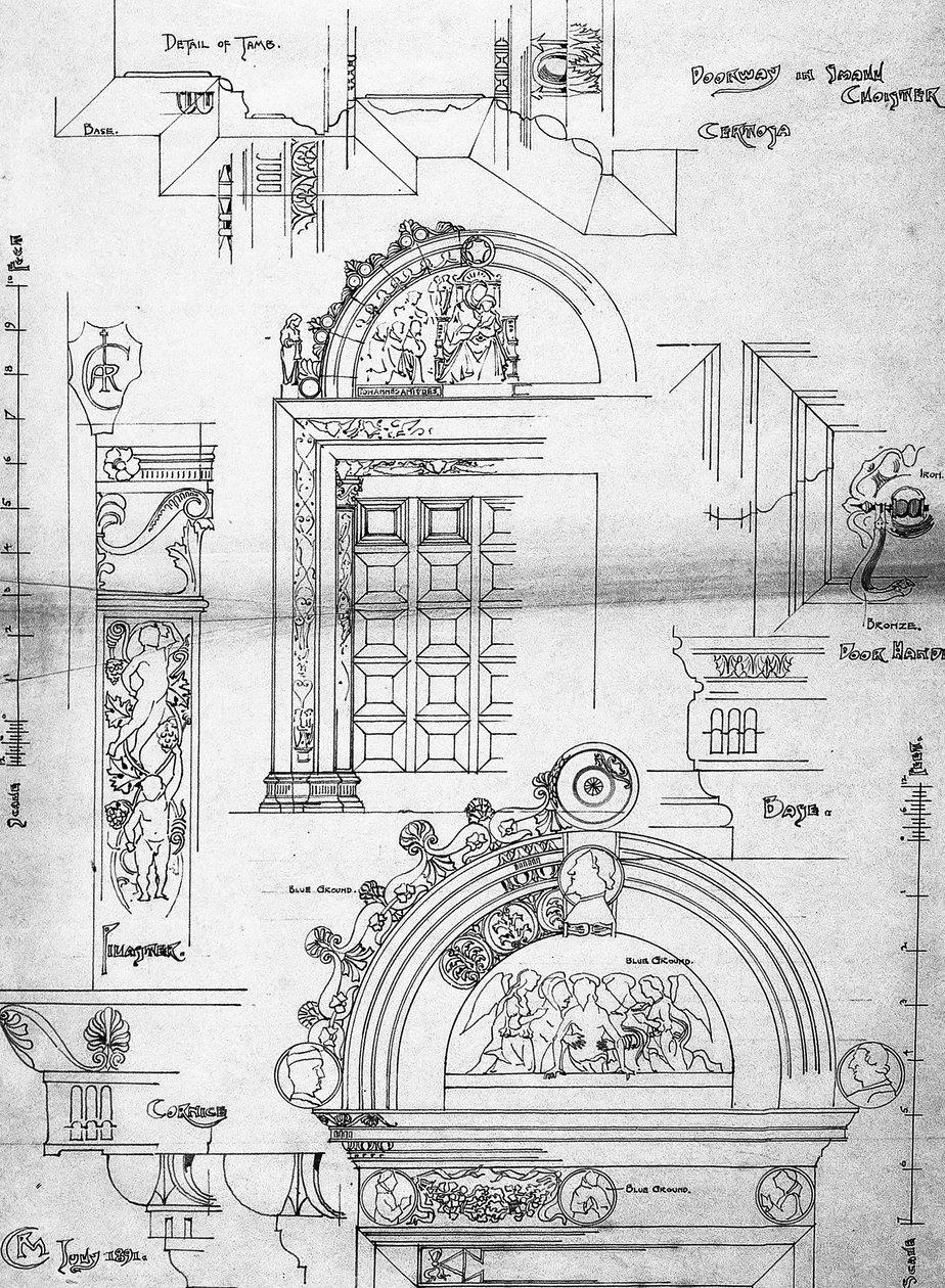 Certosa di Pavia, oviaukko pienessä luostarissa, 1891 (Sivu luonnoskirjasta, muste patruunapaperille) tekijältä Charles Rennie Mackintosh