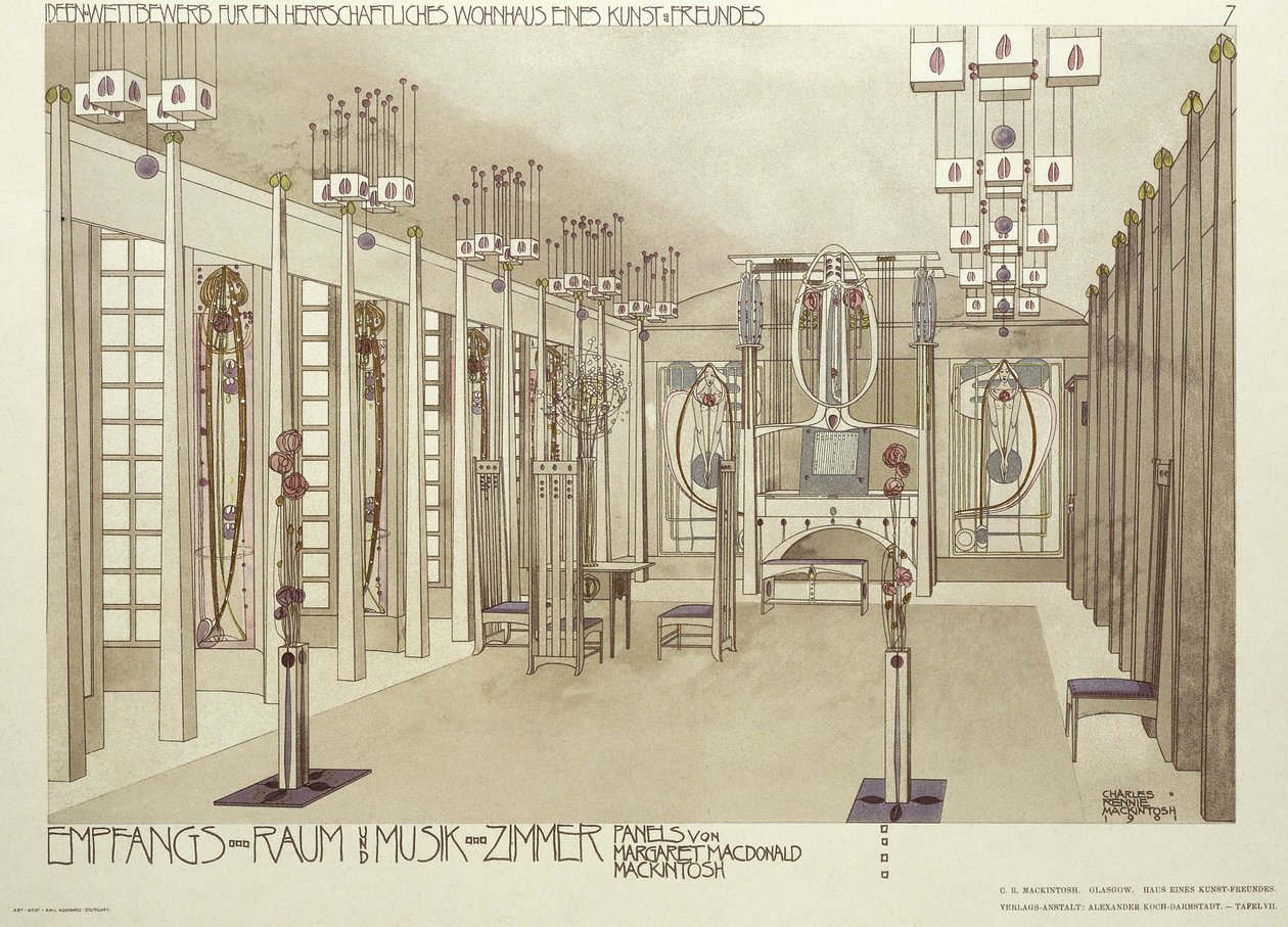 Musiikkihuoneen suunnittelu, n. 1901 tekijältä Charles Rennie Mackintosh