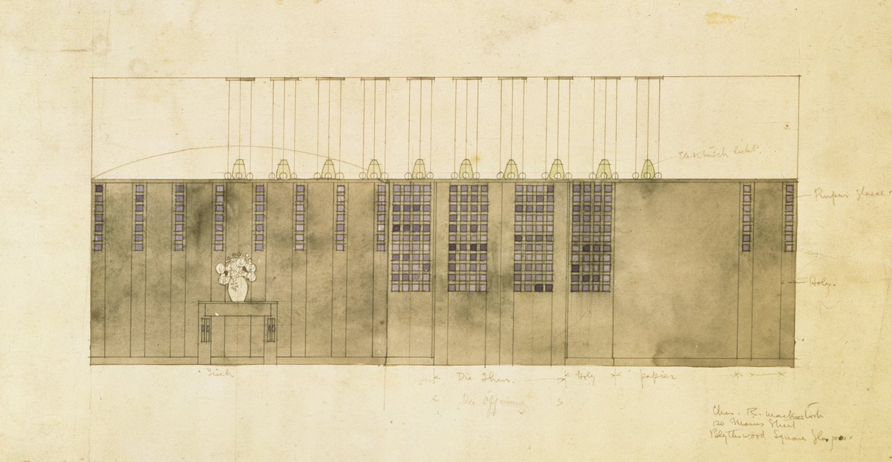 Suunnittelu seinälle, pöydälle ja oville, 1905 (wc kynän päällä ja muste paperille) tekijältä Charles Rennie Mackintosh