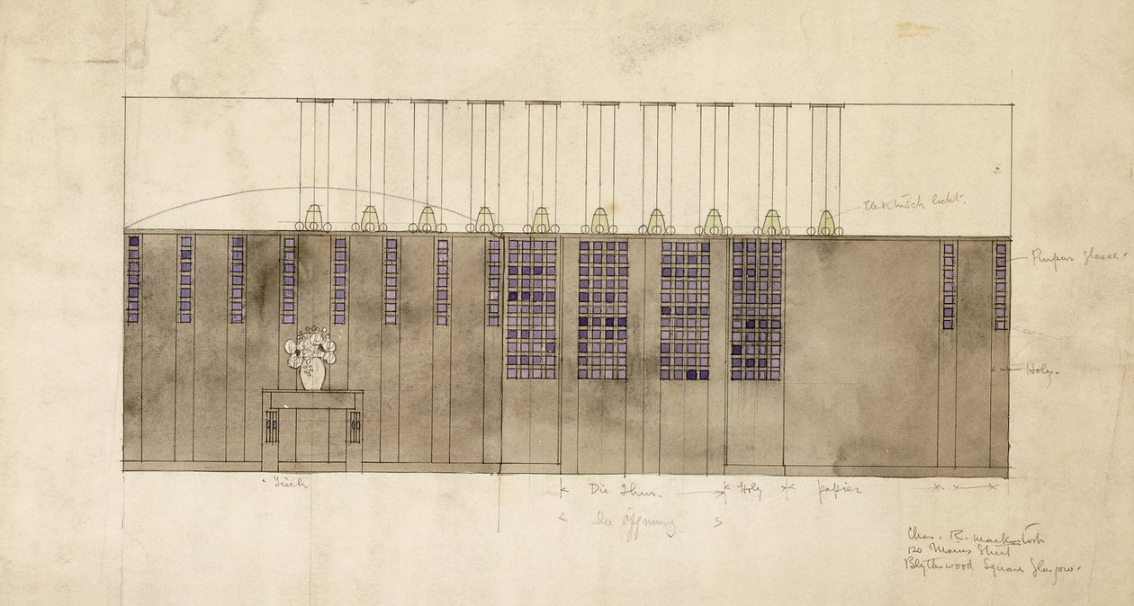 Suunnittelu seinälle, pöydälle ja oville, A.S. Ball, Berliini, 1905 tekijältä Charles Rennie Mackintosh