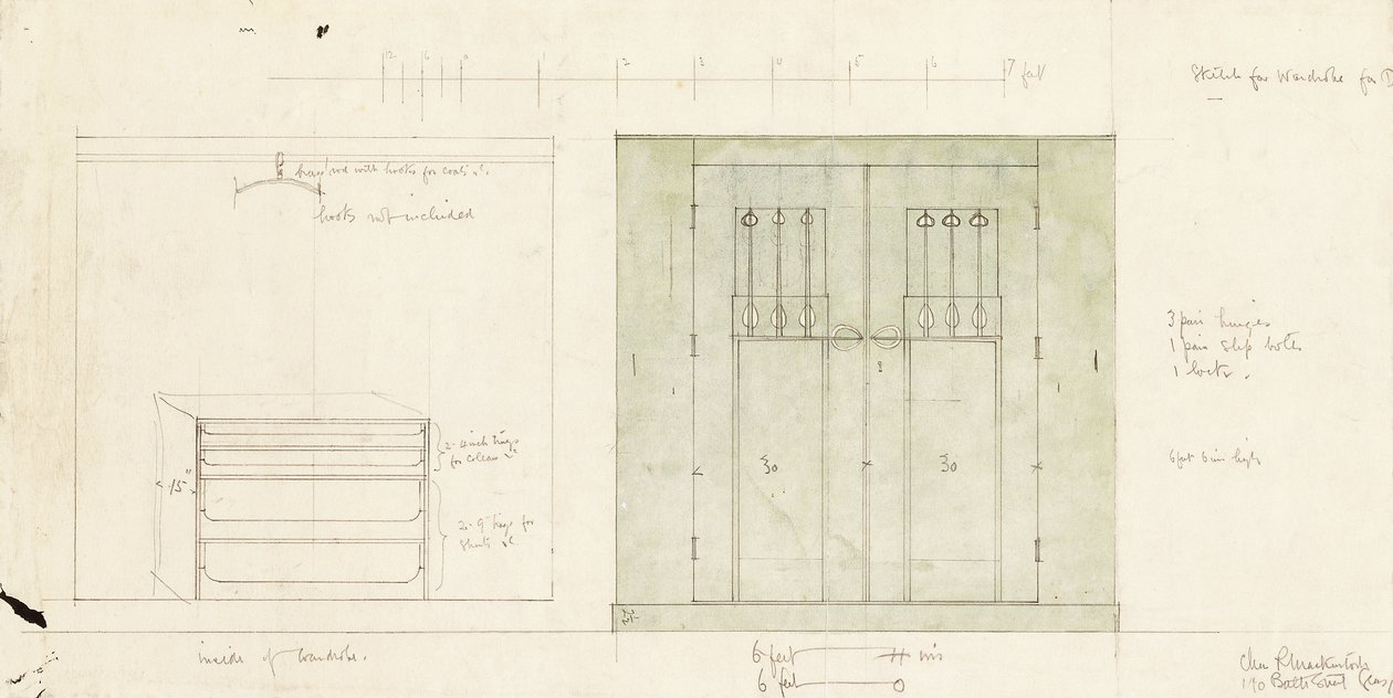Suunnitelma vaatekaappiin, esitetty kohokuva edestä ja sisäpuolelta, n. 1899-1900 (lyijykynä, akvarelli) tekijältä Charles Rennie Mackintosh