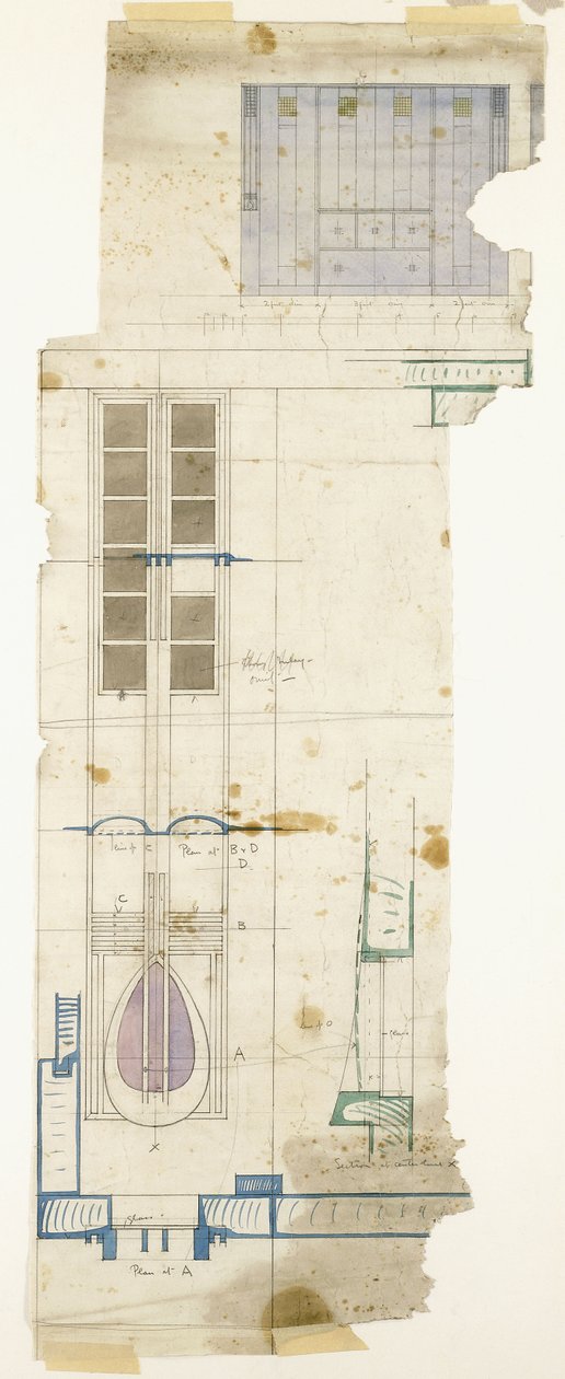 Suunnittelu vaatekaappiin, ylhäällä, puolitäysikokoiset koristepaneelin yksityiskohdat, 1904 tekijältä Charles Rennie Mackintosh