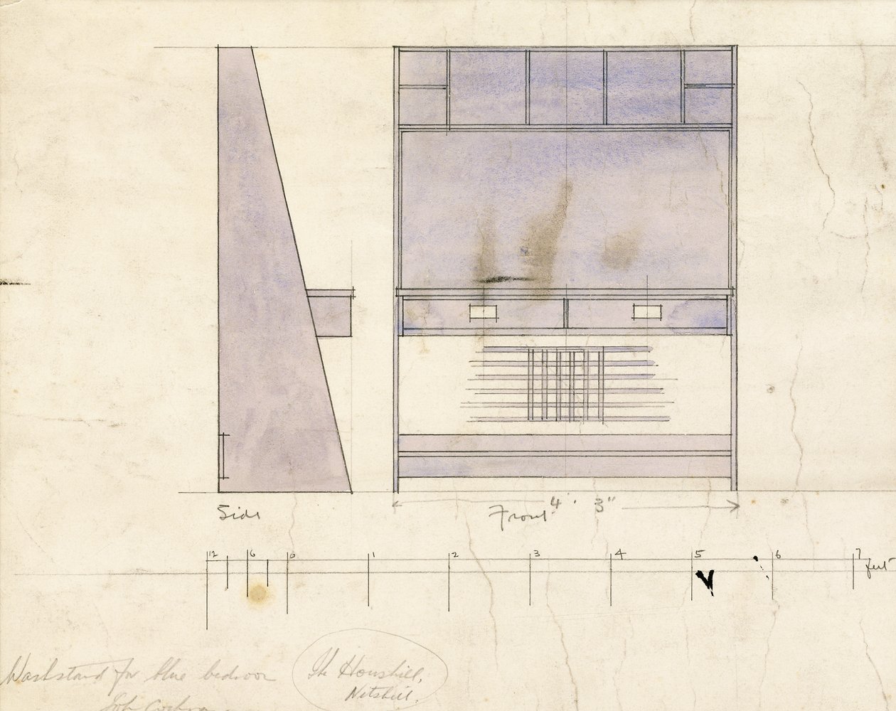 Pesupöydän malli, sivu- ja etukuva, 1904 tekijältä Charles Rennie Mackintosh