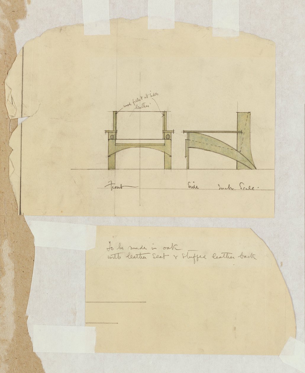 Suunnittelu tamminojatuoliin, näkyy etu- ja sivukuvassa, 1905 tekijältä Charles Rennie Mackintosh