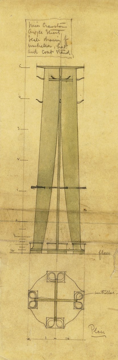 Suunnittelu sateenvarjo-, hattu- ja takkitelineelle, kohokuva ja pohjapiirros, n. 1898-1899 (lyijykynä, vesiväri, öljytty kuultopaperi) tekijältä Charles Rennie Mackintosh