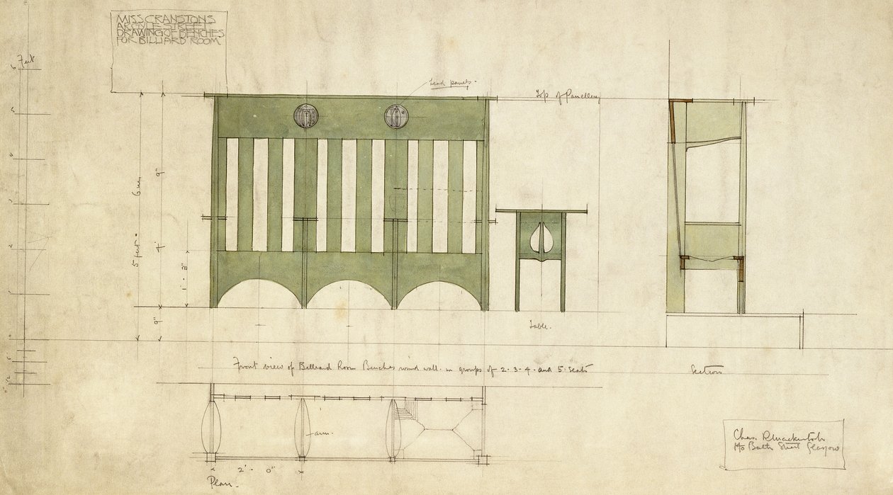 Suunnittelu penkeille ja pöydälle, näkyy korkeus- ja poikkileikkauksessa tekijältä Charles Rennie Mackintosh
