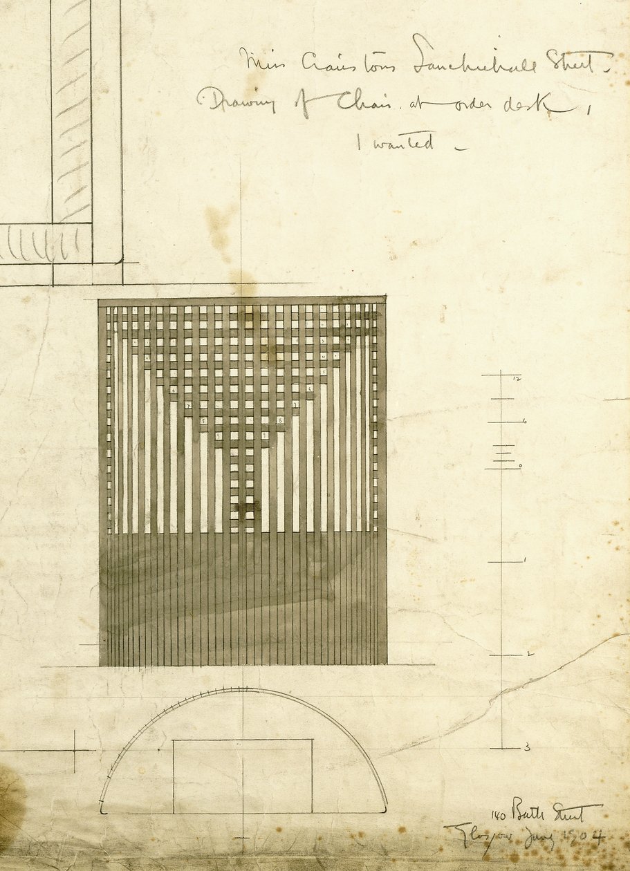 Suunnittelu tilauspöydän tuoliin, kohokuvio ja pohjapiirros, 1904 tekijältä Charles Rennie Mackintosh