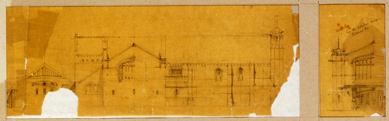 Suunnittelu kirkon julkisivulle kohokuvassa ja apusuunnitelma kirkon sisäänkäynnille, kohokuva, n. 1895-1899 tekijältä Charles Rennie Mackintosh