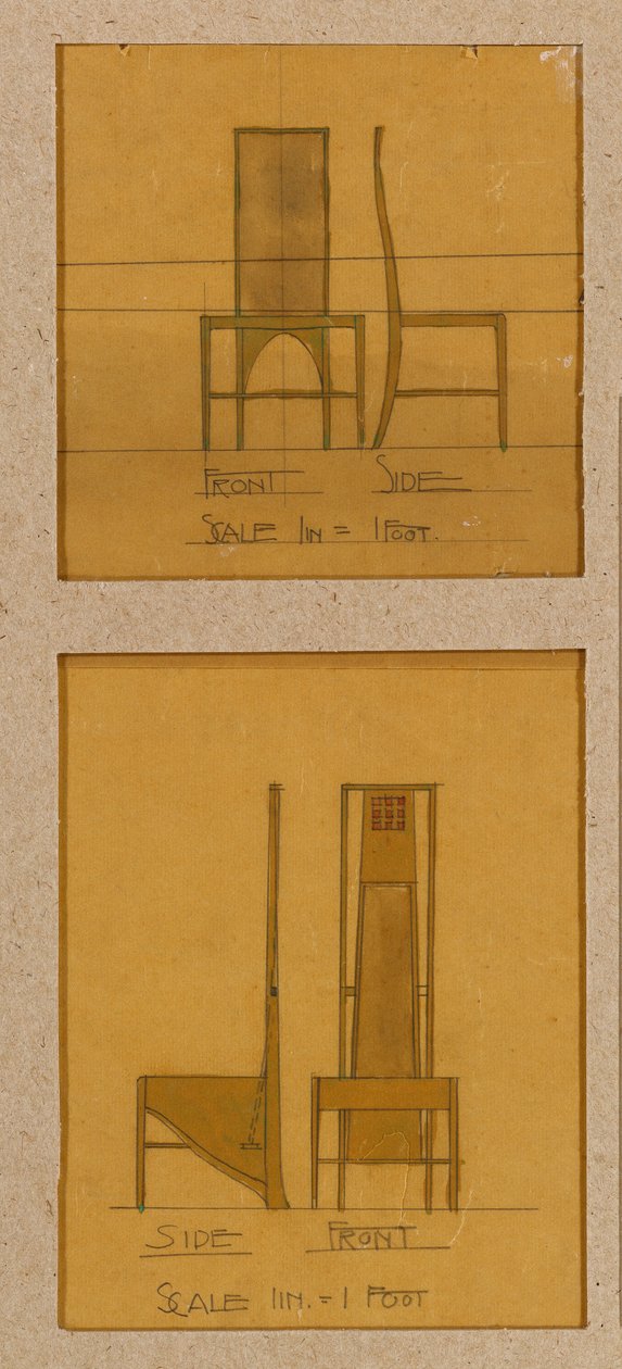 Mallit tuoleille, jotka näkyvät etu- ja sivukorkeuksissa, Room de Luxe, Willow Tea Roomsille tekijältä Charles Rennie Mackintosh