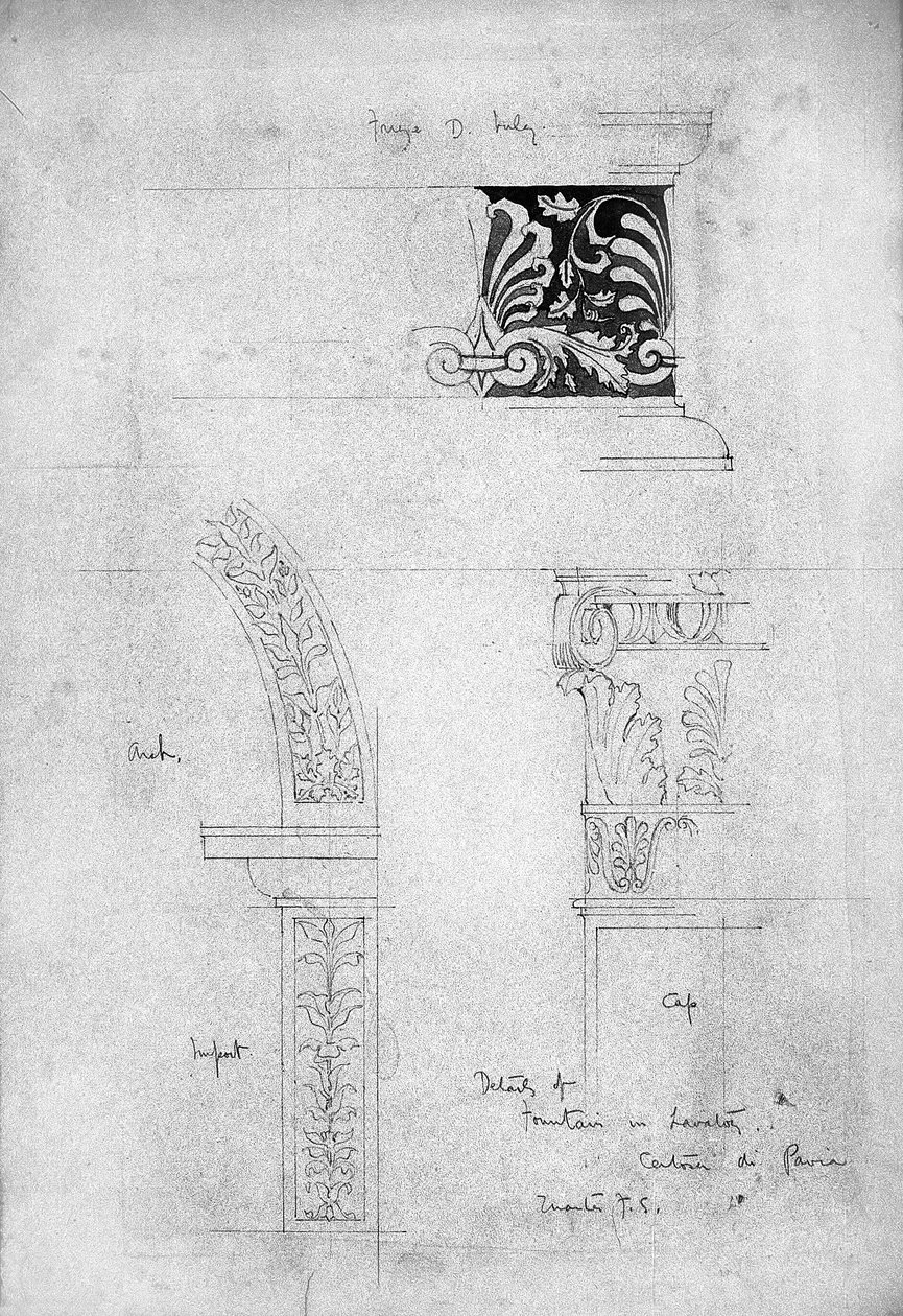 Yksityiskohtia suihkulähteestä vessassa, Certosa di Pavia, 1891 (Lyijykynä ja harmaa tussi paperille) tekijältä Charles Rennie Mackintosh