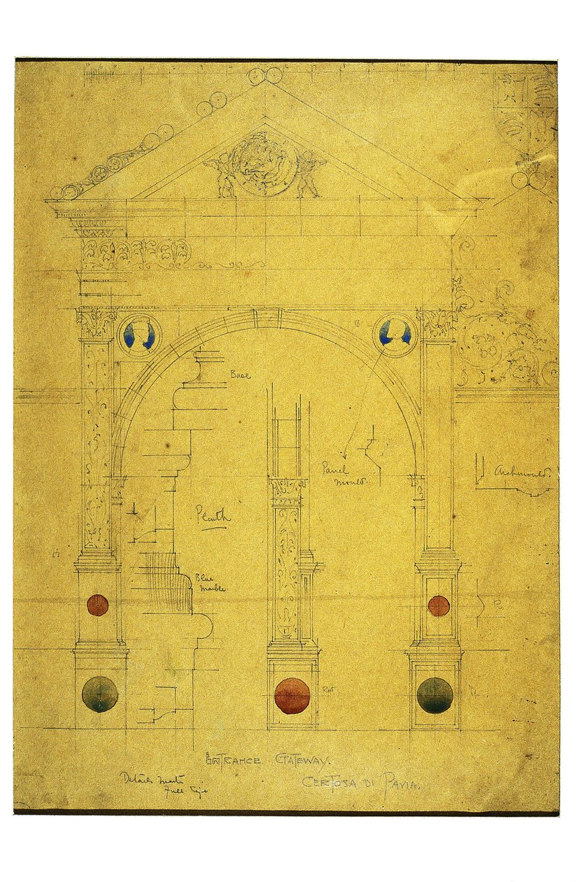 Sisäänkäynnin portti, Certosa di Pavia, 1891 (lyijykynä ja akvarelli paperilla) tekijältä Charles Rennie Mackintosh