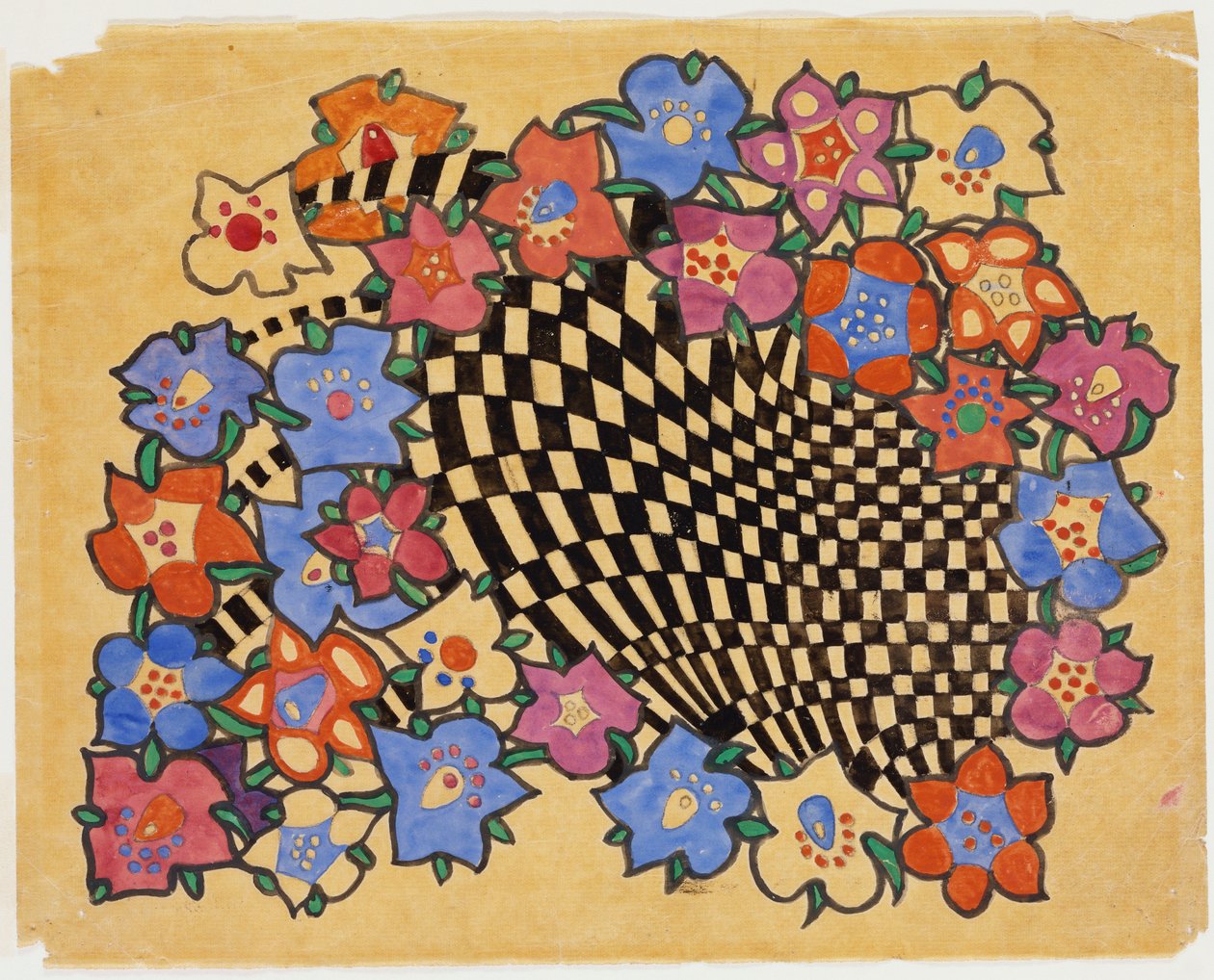 Kukka- ja ruudullinen kangassuunnittelu, n.1916 tekijältä Charles Rennie Mackintosh