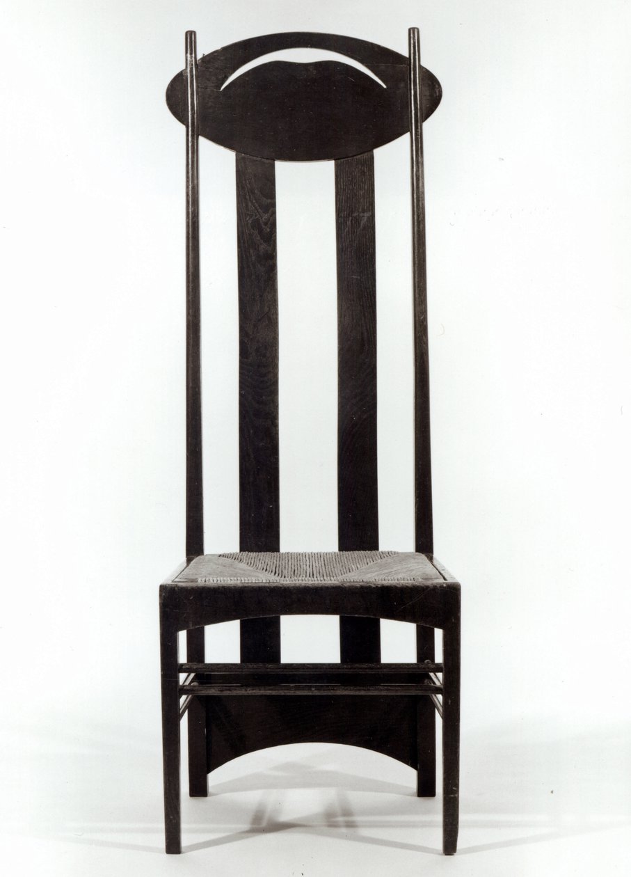 Korkeaselkänojallinen tuoli, n. 1897 (tummaksi petsattu tammi, jossa istuin ja lävistetyt soikeat selkäkaiteet) tekijältä Charles Rennie Mackintosh