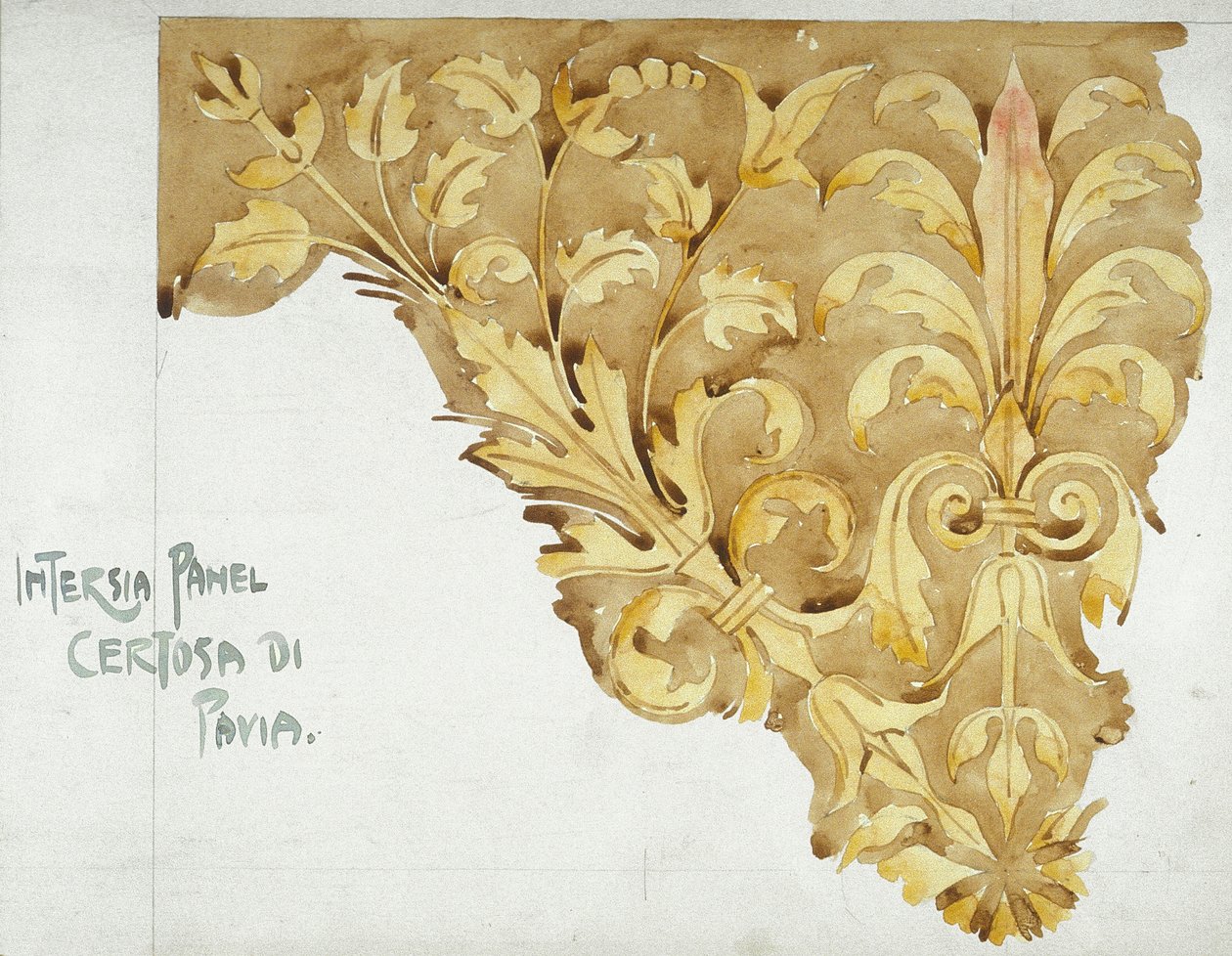Intarsiapaneeli, Certosa di Pavia, 1891 (lyijykynä ja akvarelli paperille) tekijältä Charles Rennie Mackintosh