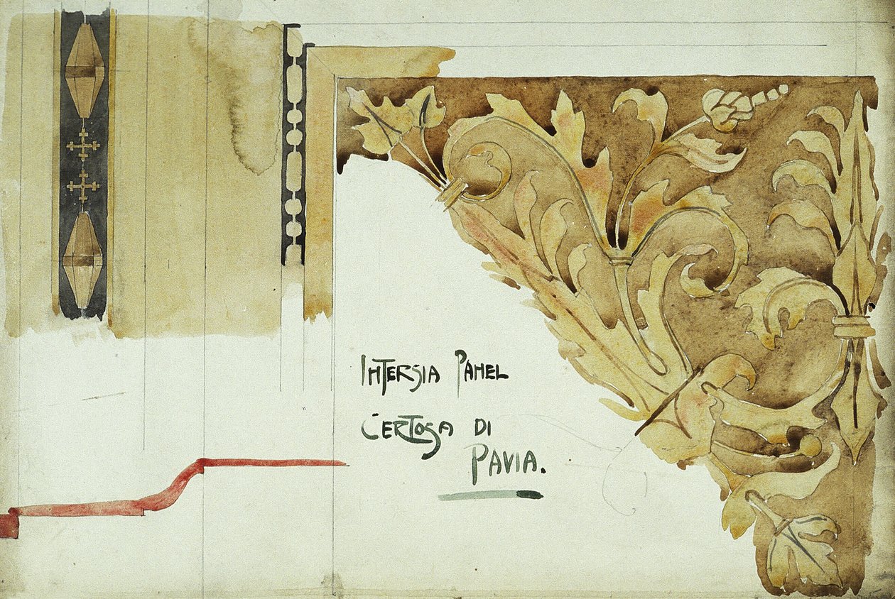Intarsiapaneeli, Certosa di Pavia, 1891 (lyijykynä ja vesiväri paperille). tekijältä Charles Rennie Mackintosh