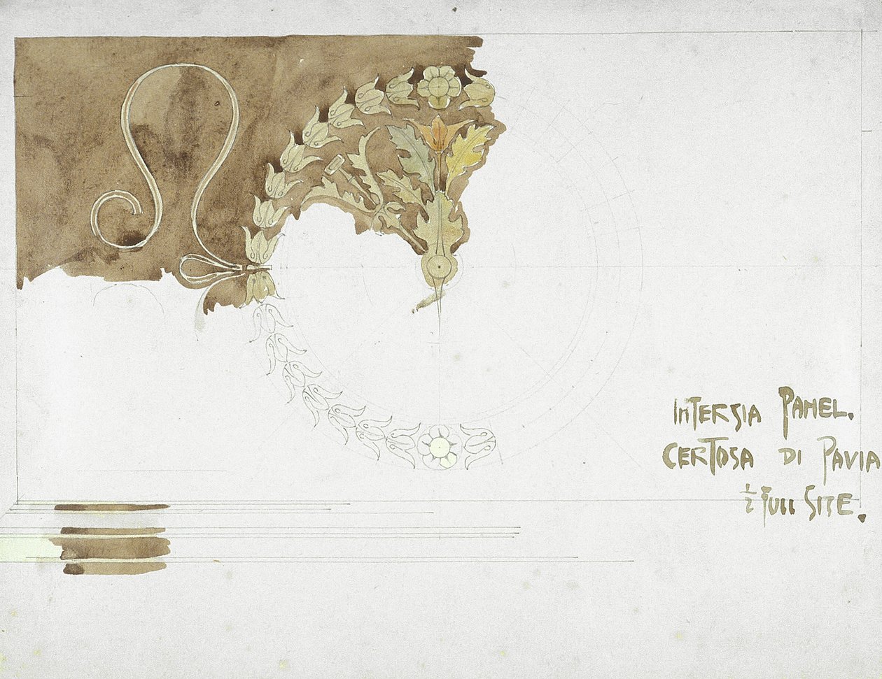 Intarsiapaneeli, Certosa di Pavia, 1891 (lyijykynä ja vesiväri paperille) tekijältä Charles Rennie Mackintosh