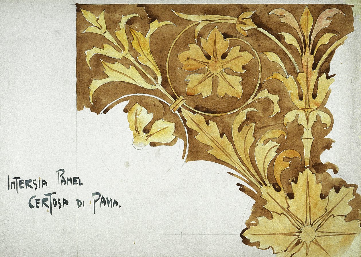 Intarsiapaneeli, Certosa di Pavia, 1891 (lyijykynä ja akvarelli paperille) tekijältä Charles Rennie Mackintosh