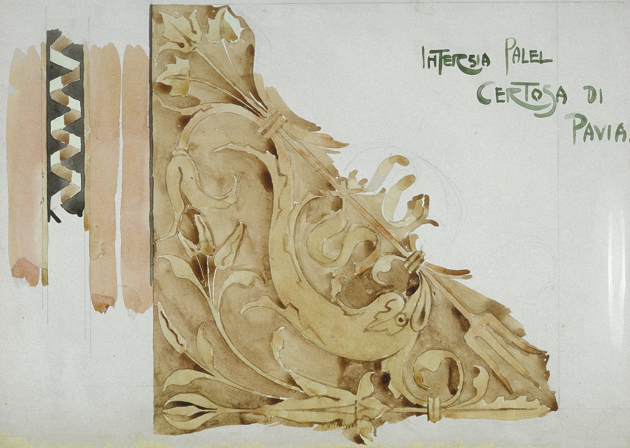 Intarsiapaneeli, Certosa di Pavia, 1891 (lyijykynä ja akvarelli paperille) tekijältä Charles Rennie Mackintosh