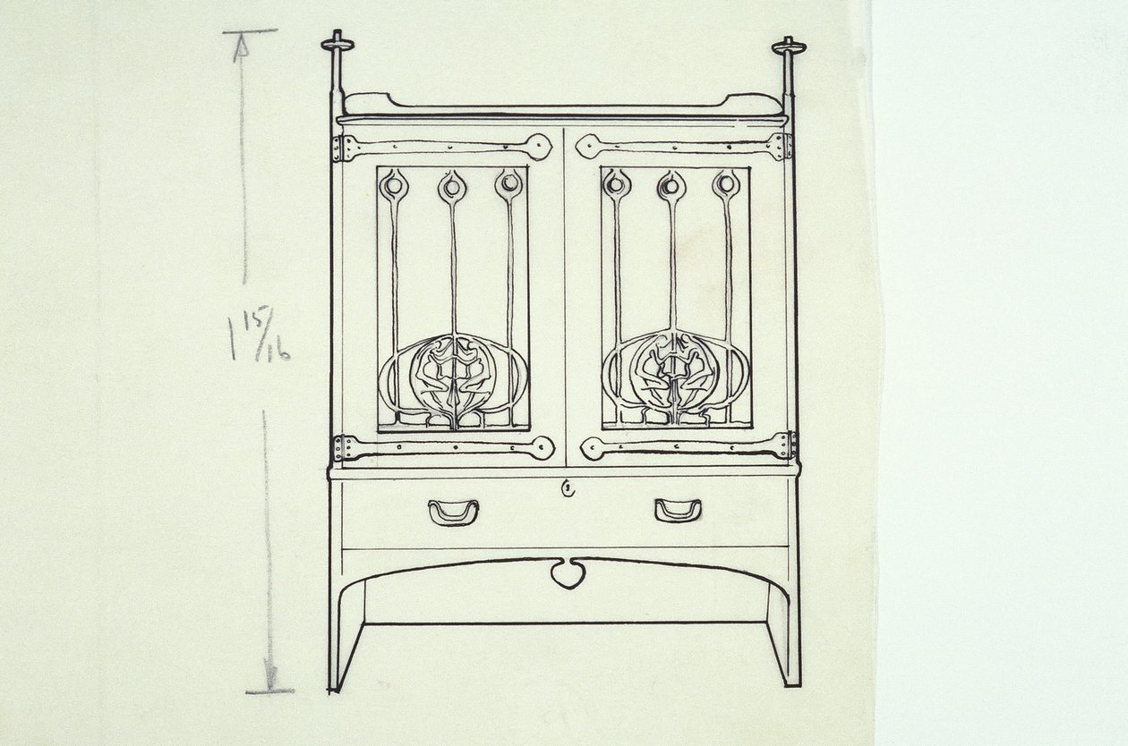 Viivapiirros huonekalusta (pukeutumispöytä), noin 1910 (tussi paperille). tekijältä Charles Rennie Mackintosh