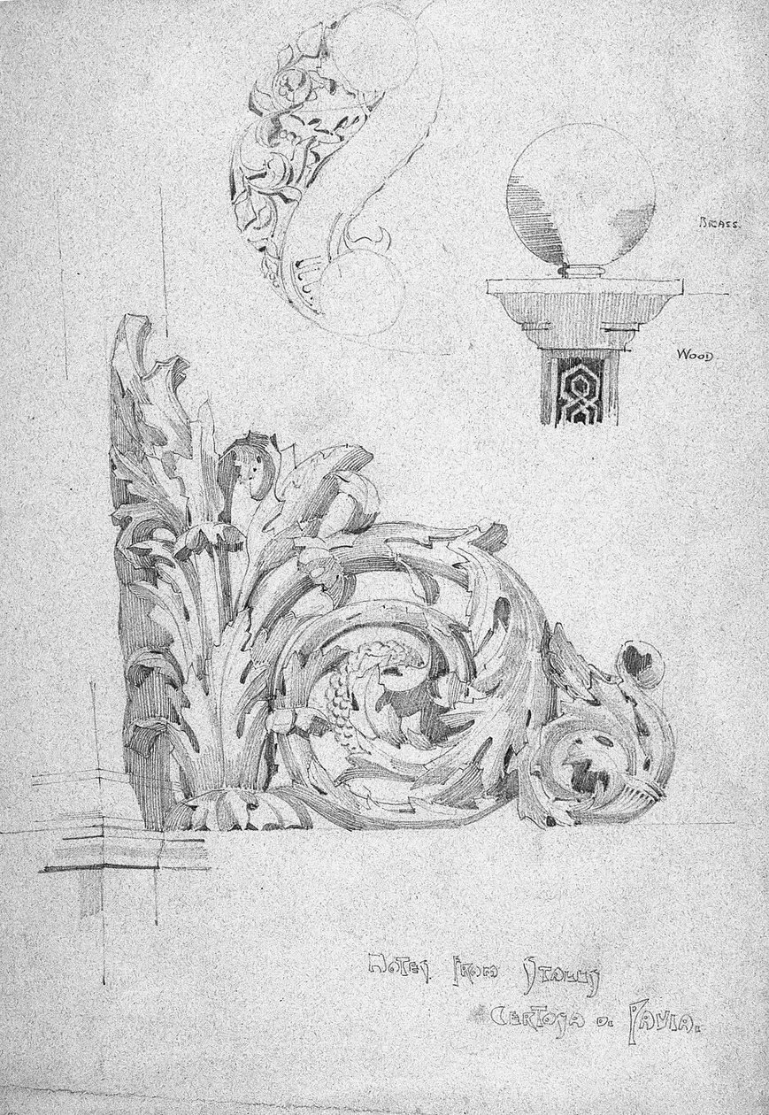 Muistiinpanoja Itally [sic], Certosa di Pavia, 1891 (lyijykynä siniselle paperille). tekijältä Charles Rennie Mackintosh