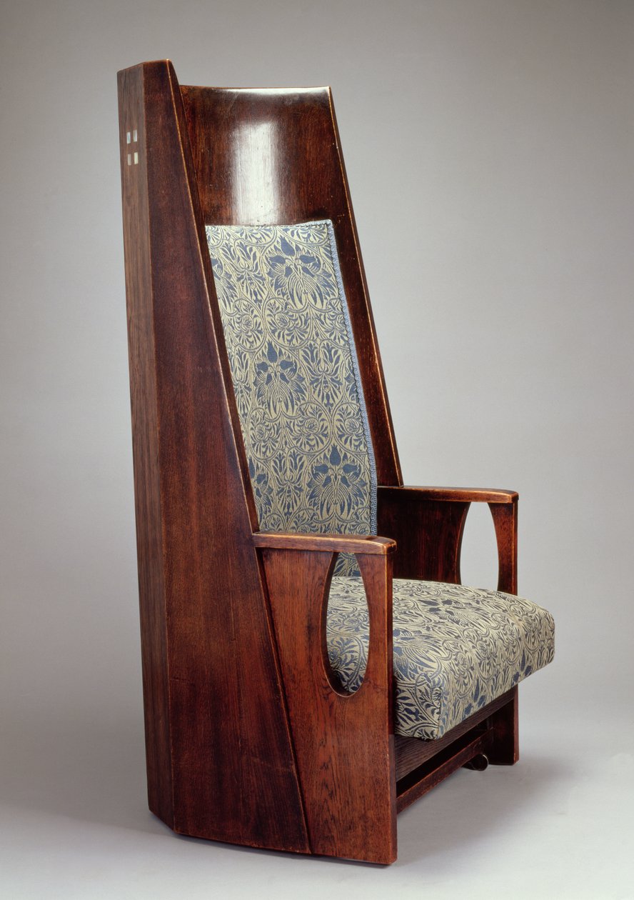 Yksi nojatuoleista Blue Bedroomiin, HousHill, Glasgow, 1905 (petsattu tammi helmiäisverhouksella) tekijältä Charles Rennie Mackintosh