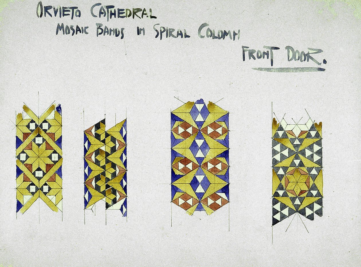 Orvieton katedraali, mosaiikkikaistaleet spiraalipylväässä, etuovi, 1891 (lyijykynä ja akvarelli paperille) tekijältä Charles Rennie Mackintosh