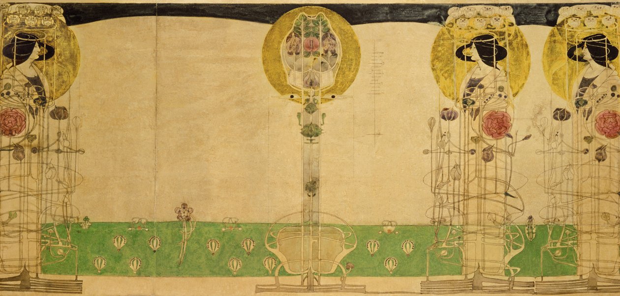 Alustava suunnittelu Miss Cranstonin Buchanan Street Tearoomin ensimmäisen kerroksen huoneen seinämaalaukseen, 18967 (lyijykynä ja wc kuultopaperilla) tekijältä Charles Rennie Mackintosh