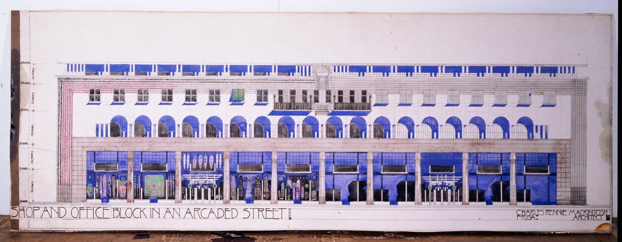 Aiemmin tallentamattomat arkkitehtuuripiirustukset kaupasta ja katukadusta, n. 1915 tekijältä Charles Rennie Mackintosh