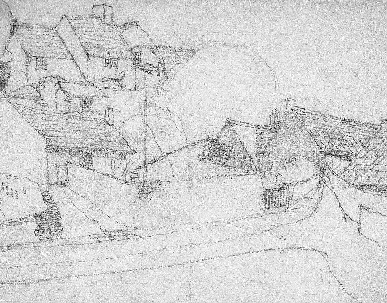 Luonnos englantilaisesta kylästä, 1920 tekijältä Charles Rennie Mackintosh