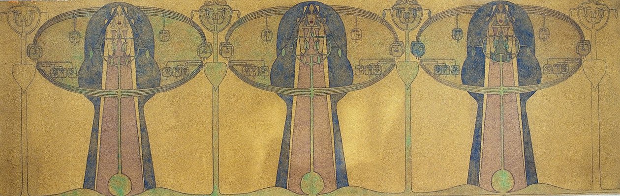 Koristeellinen friisi tyylitellyistä ihmishahmoista, puista ja kasvimuodoista, noin 1895 (lyijykynä ja vesiväri harmaalle taidepaperille). tekijältä Charles Rennie Mackintosh
