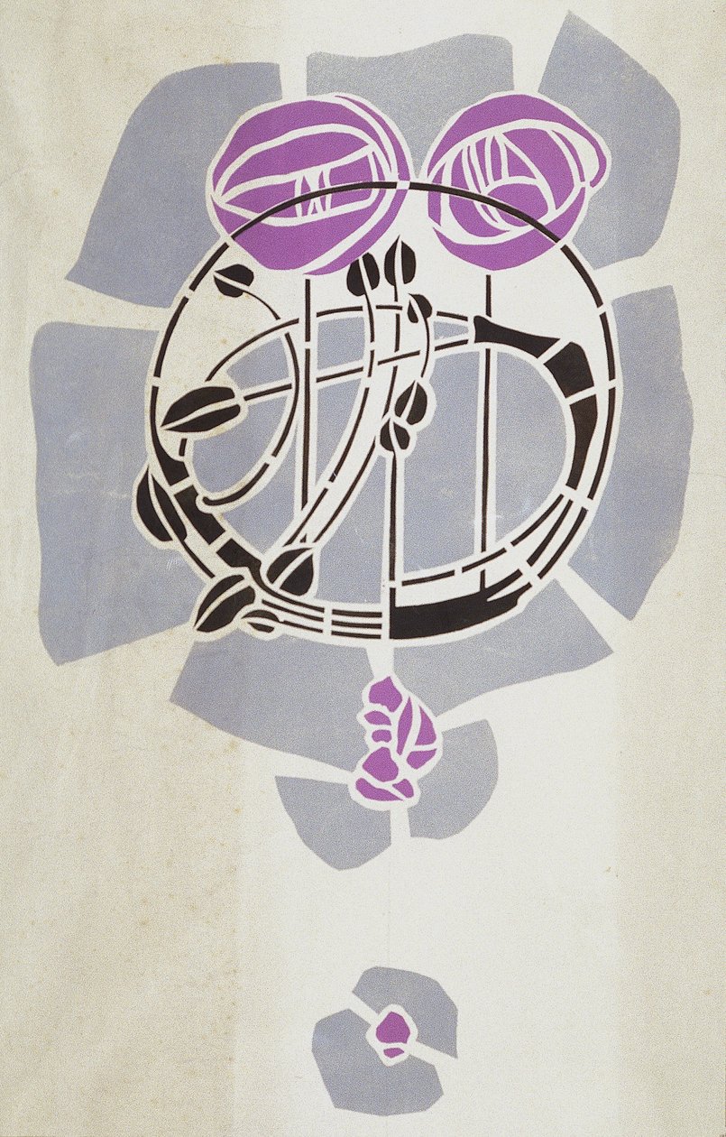 Moderni jäljennös alkuperäisestä Mackintosh-seinäkuviointikuvioinnista, ruusuaihe, 1902 (julisteväri patruunapaperille). tekijältä Charles Rennie Mackintosh