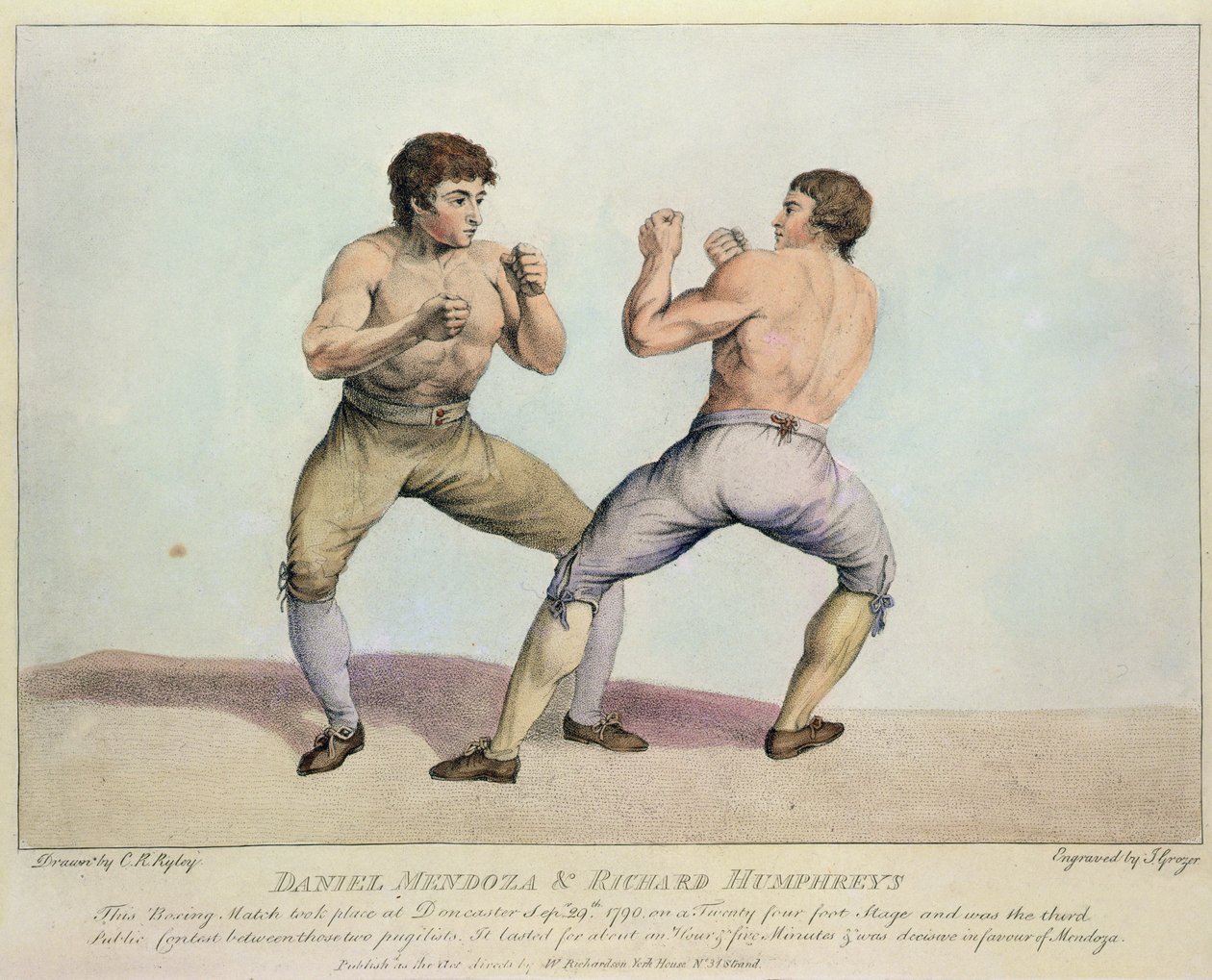 Nyrkkeilyottelu Daniel Mendozan ja Richard Humphreysin välillä, 29. syyskuuta 1790 (käsin väritetty etsaus). tekijältä Charles Reuben Ryley