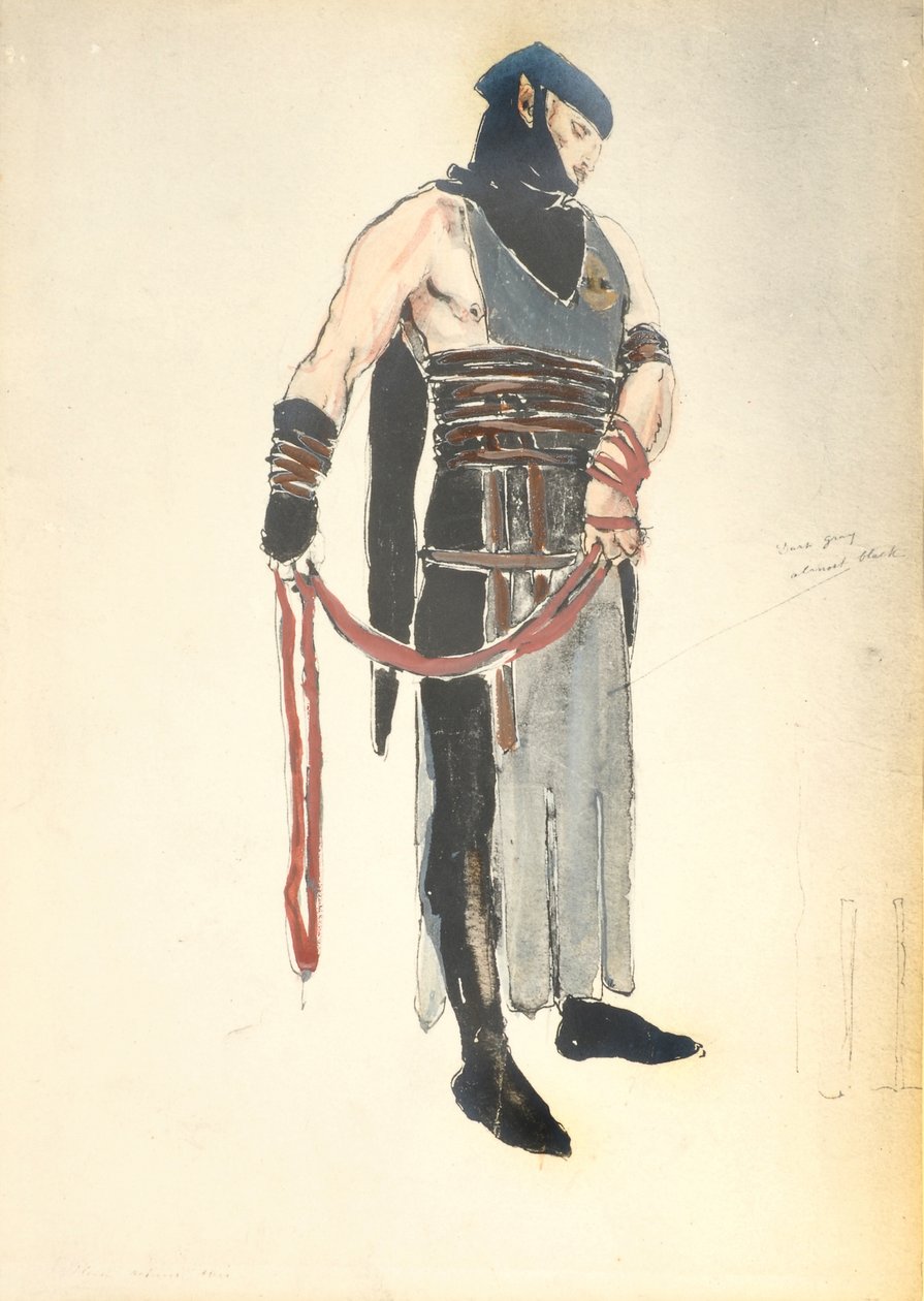 Pukusuunnittelu Queensin palvelijalle Le Mort de Tintagilesissa, 1912 (wc paperilla) tekijältä Charles Ricketts