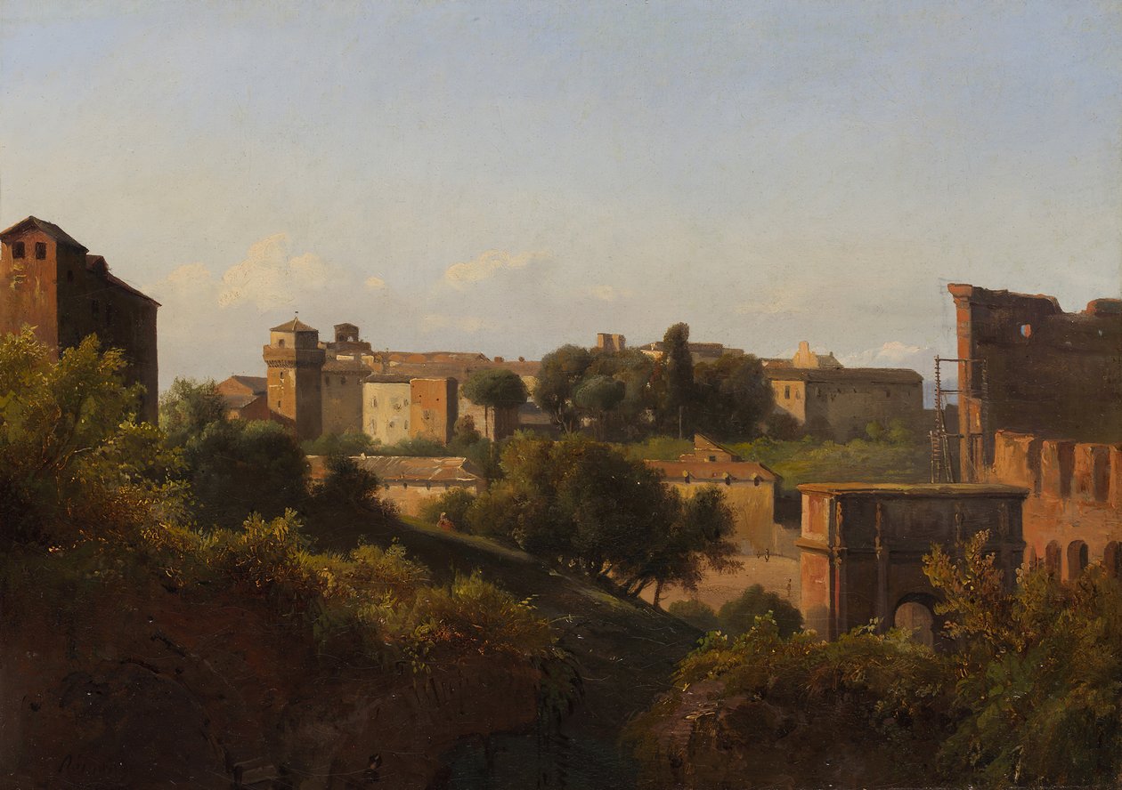 Näkymä Colosseumille ja Konstantinuksen kaarelle Palatinuksesta, n. 1822-24. tekijältä Charles Rémond