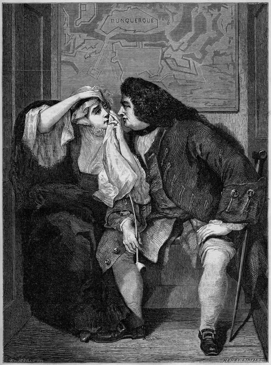 Kuvitus Laurence Sternen romaanista "Tristram Shandyn, herrasmies elämä ja mielipiteet" (1713-1768): Setä Toby ja leski Wadman. Charles Robert Leslien (1794-1859) maalauksesta Manchesterin näyttelyssä. Kaiverrus "" Le Monde Illustré" -kirjassa tekijältä Charles Robert (after) Leslie