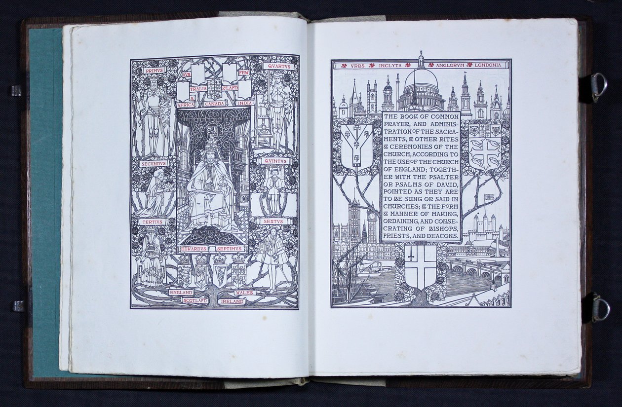 Essex House Pressin julkaiseman "The Prayer Book of Edward VII" nimisivu ja etulevy tekijältä Charles Robert Ashbee