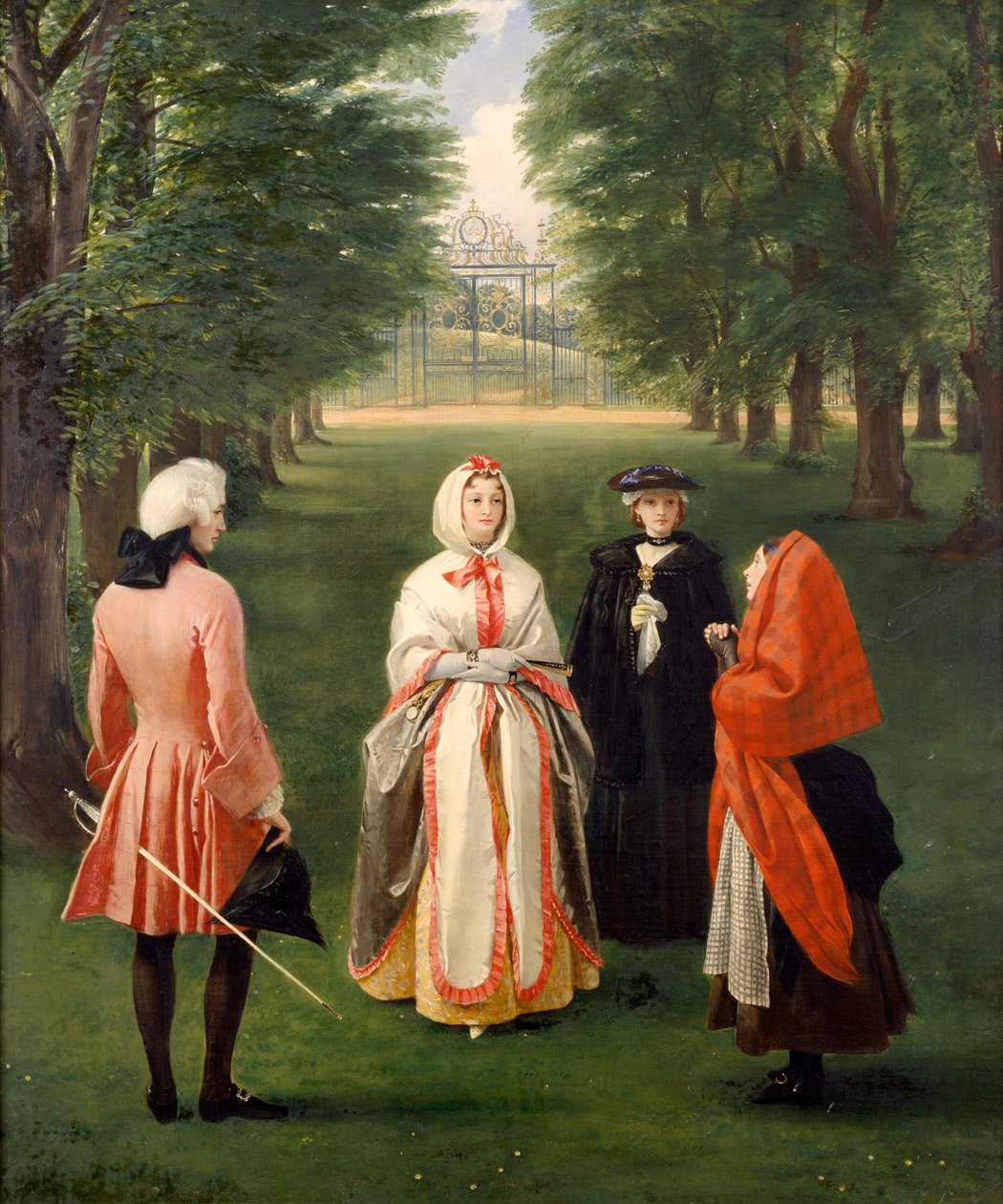 Jeanie Deans rukoilee kuningatar Carolinea Argyllin herttuan ja Lady Suffolkin läsnä ollessa (öljy kankaalle) tekijältä Charles Robert Leslie
