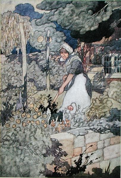 Mökin puutarha, julkaistu 1912 (väri litho) tekijältä Charles Robinson