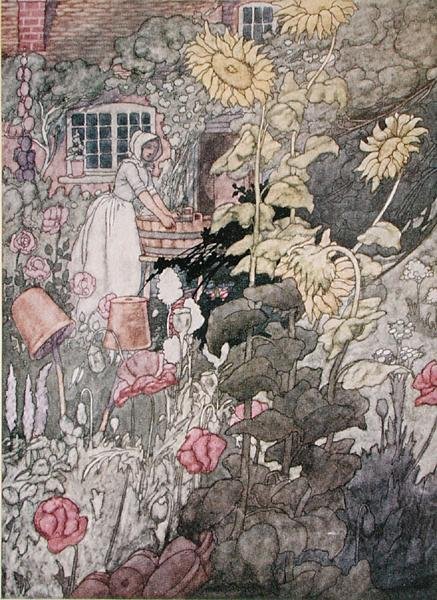Mökin puutarha, julkaistu 1912 (väri litho) tekijältä Charles Robinson