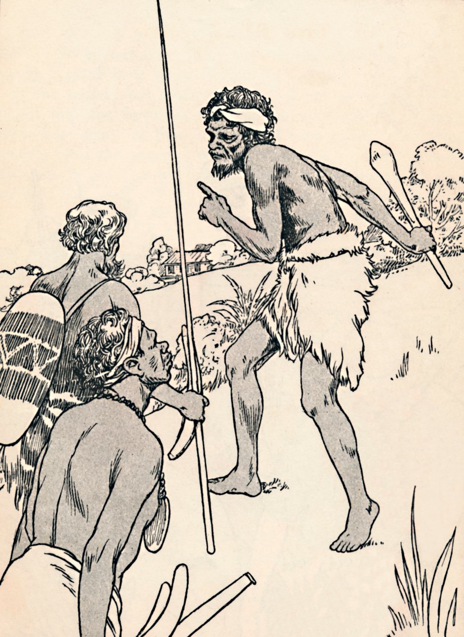 Aboriginaalit miehet lähestyvät uudisasukkaiden maatilaa, 1912 tekijältä Charles Robinson
