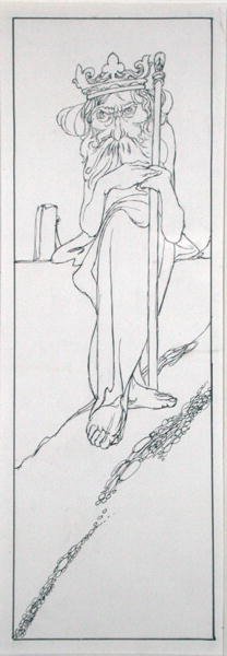 Hän piti valtikka kädessään ja piti kruunua kulmakarvassaan, kuvitus J. M. Dentin teoksesta The True Annals of Fairyland – The Reign of King Herla, julkaistu 1900 (kynä ja muste) tekijältä Charles Robinson