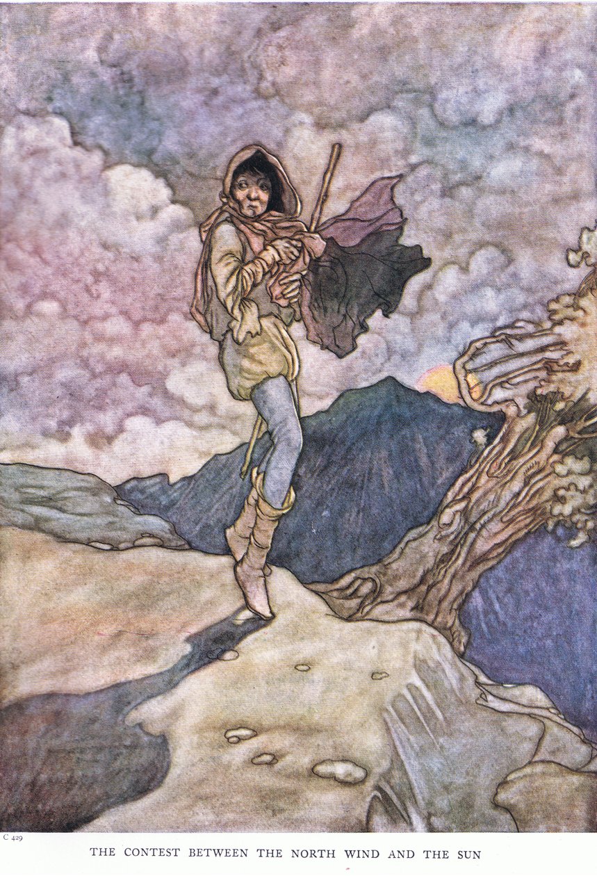 Kilpailu pohjoistuulen ja auringon välillä, 1930-luku tekijältä Charles Robinson