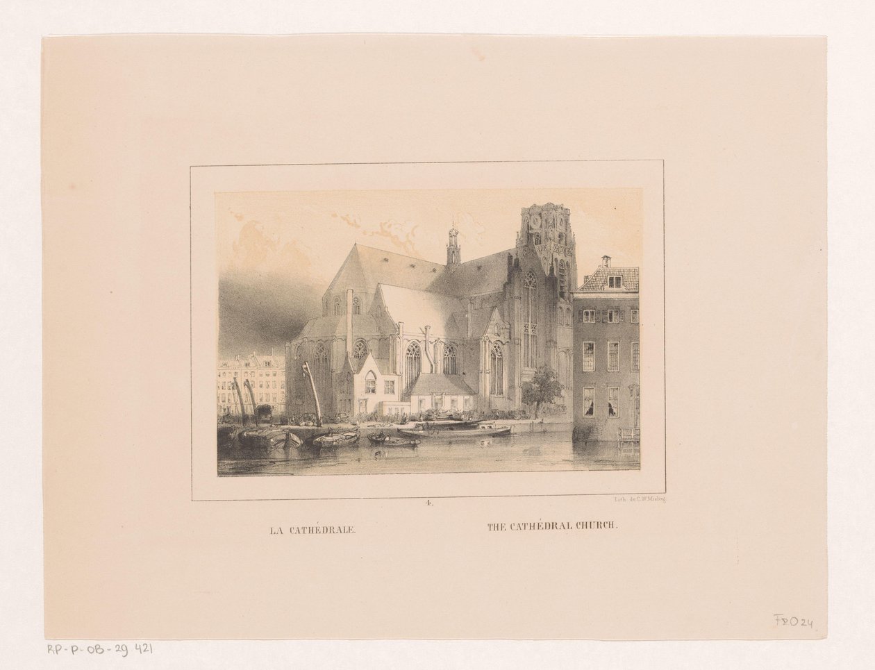Näkymä Sint-Laurenskerkin luolalle Rotterdamissa La cathedrale / Katedraalikirkko (otsikko esineessä) Vues et monuments de la ville de Rotterdam / Rotterdamin kaupungin näkymät ja monumentit (sarjan nimi) tekijältä Charles Rochussen