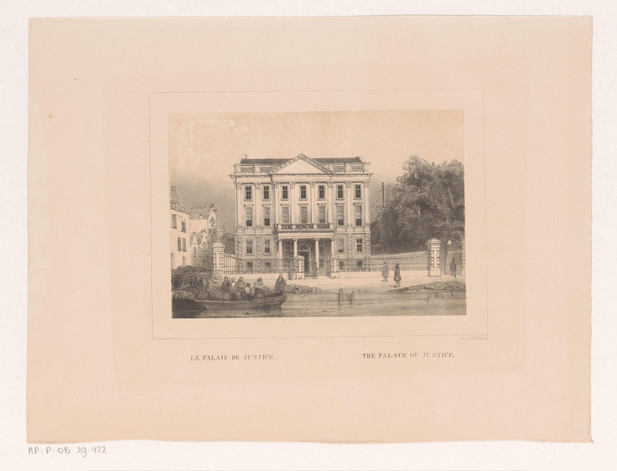 Näkymä Rotterdamin oikeuspalatsille Le palais de justice / Oikeuspalatsi (otsikko esineessä) Vues et monuments de la ville de Rotterdam / Rotterdamin kaupungin näkymät ja monumentit (sarjan nimi) tekijältä Charles Rochussen