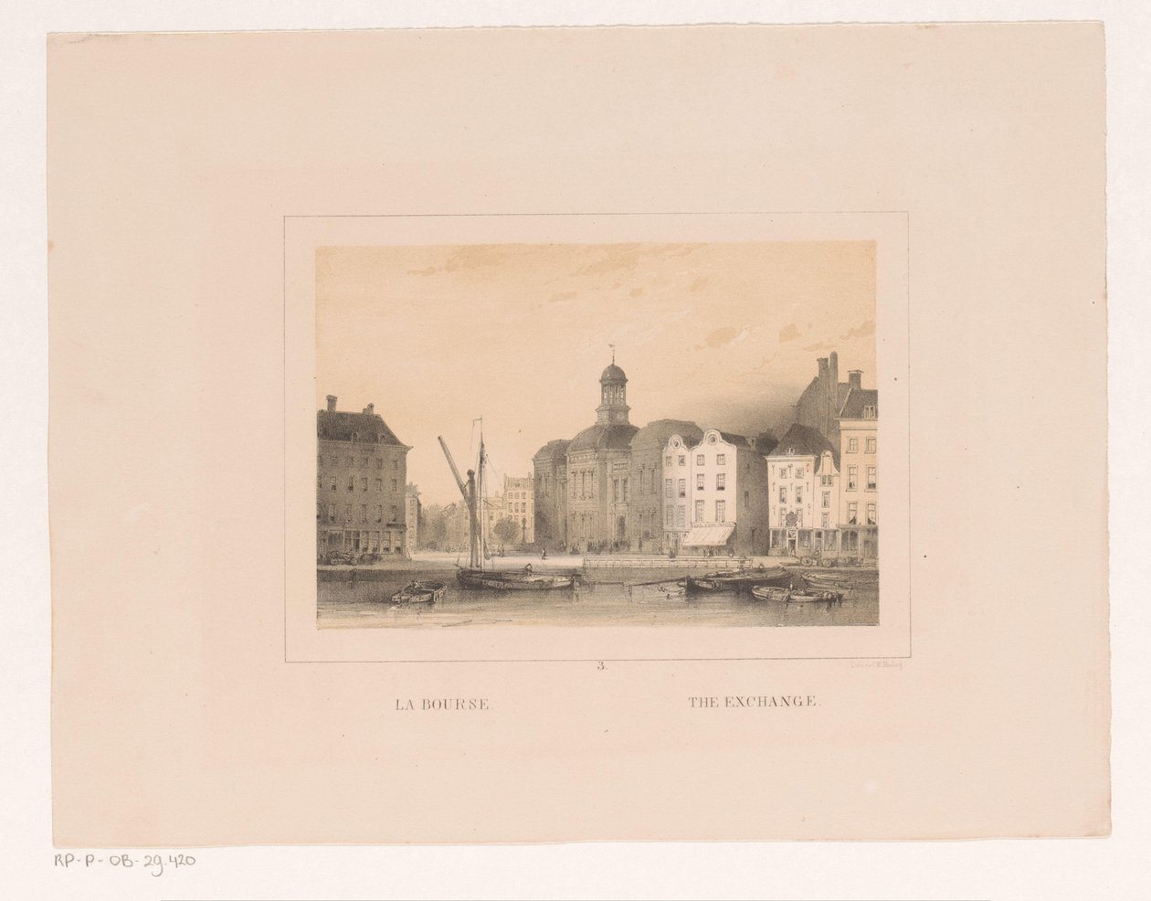 Näkymä Rotterdamin pörssistä La bourse / Vaihto (otsikko esineessä) Vues et monuments de la ville de Rotterdam / Rotterdamin kaupungin näkymät ja monumentit (sarjan nimi) tekijältä Charles Rochussen