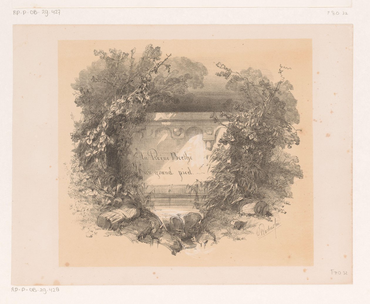 Otsikko seinällä vaakakuvassa Nimisivu: Jacques Collin de Plancy, La Reine Berthe au grand pied, 1842 tekijältä Charles Rochussen