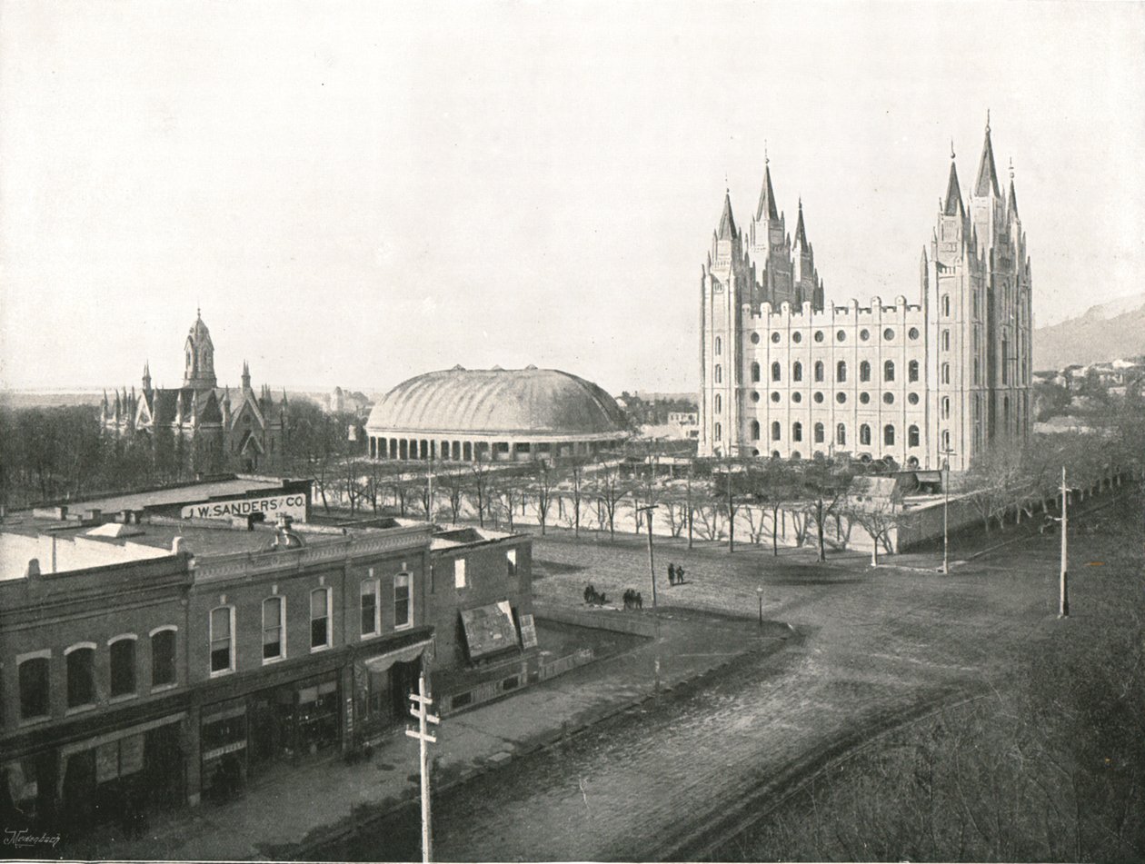 Assembly Hall, tabernaakkeli ja mormonitemppeli, Salt Lake City, Yhdysvallat, 1895. tekijältä Charles Roscoe Savage