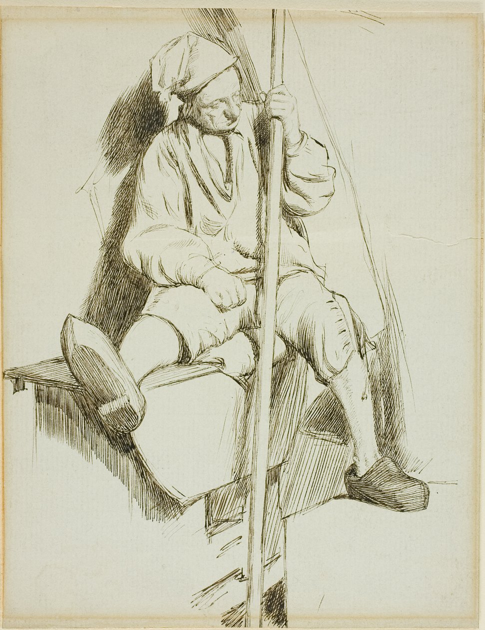 Mies istuu, pitelee miehiä vasemmassa kädessä tekijältä Charles Samuel Keene